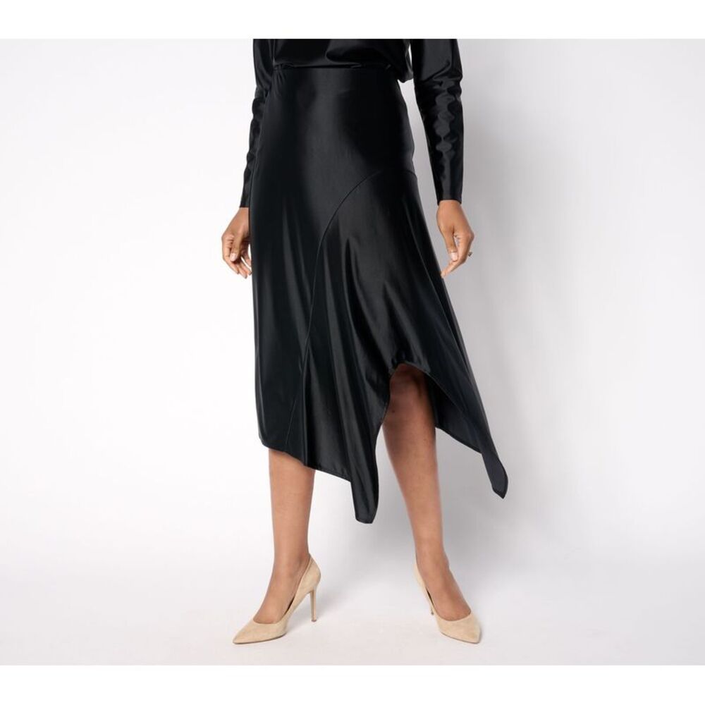 Women with Control Black Asymmetric Satin Midi Skirt